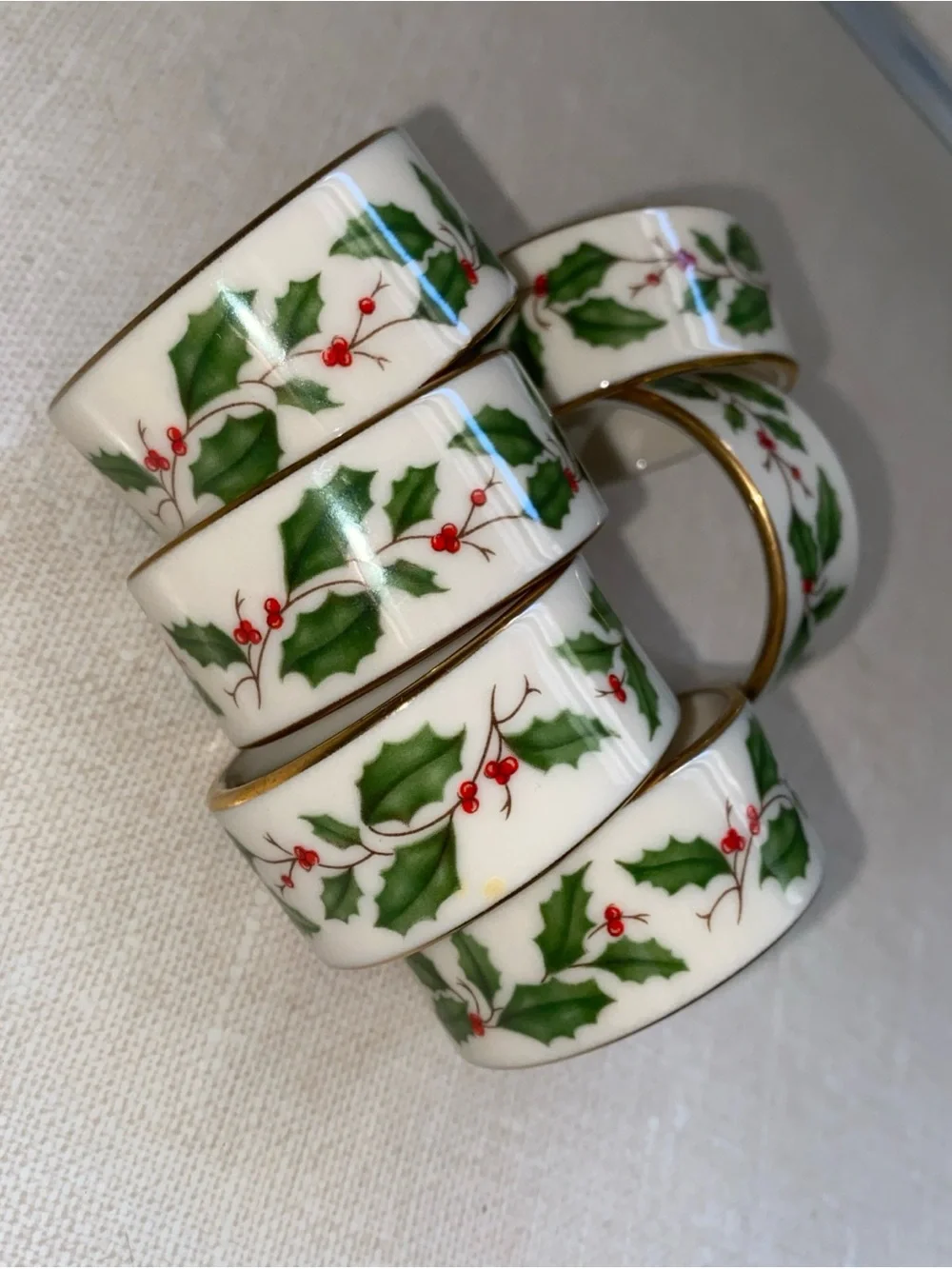 Lenox Holiday Holly Berries Napkin Rings Holders Set Of 6 Gold Trim Vintage